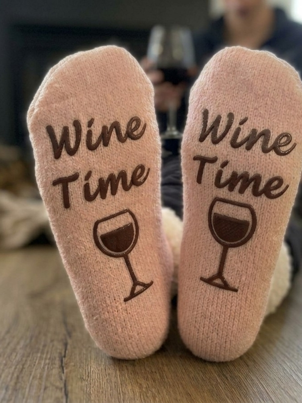 NWT Belk Pink Wine Time Fuzzy Slipper Socks Non-Slip Sherpa Cuff Size 9-11